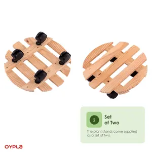 Oypla Set of 2 30cm Wooden Plant Flower Pot Mobile Mover Trolley Stands