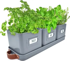 Indoor Herb Pots for Kitchen Windowsill 3 Charcoal Grey Planters with Tray, Leather Handles & Labels Drainage Holes