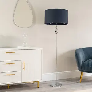 ValueLights Marissa Chrome Stacked Ball Floor Lamp with Navy Blue Drum Shade