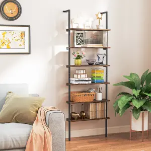 COSTWAY 6-Tier Ladder Shelf Wall Mounted Industrial Bookshelf with Metal Frame