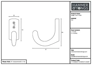 Hammer & Tongs - Single Coat Hook - W20mm x H55mm - Raw