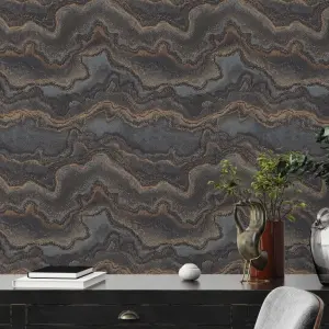 Stories Of Life Quartz Marble Black & Bronze Wallpaper 39659-4