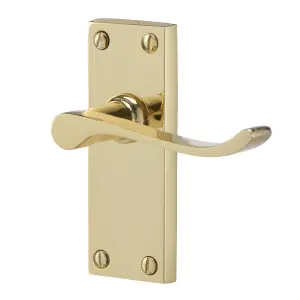 Colours Toen Polished Brass effect Aluminium Scroll Latch Door handle with Hinges (L)99mm (D)58mm, Pack of 3