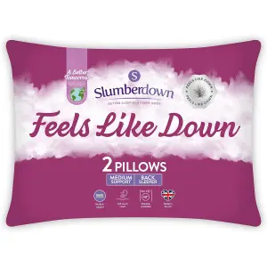 Slumberdown Feels Like Down Pillows 2 Pack Medium Support Back Sleeper Pillows for Back Pain Relief Hypoallergenic 48x74cm