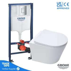 Rimless Wall Hung Toilet WC Pan with GROHE 1.13m Concealed Cistern Dual Flush  Frame - Chrome