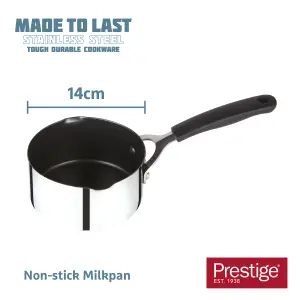 Prestige Made to Last Silver Round Stainless Steel Dishwasher Safe Non-Stick Milk Pan 14cm, 0.9L