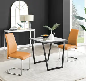 Furniturebox UK Carson White Marble Effect Square Dining Table & 2 Mustard Lorenzo Chairs