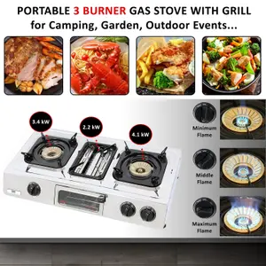 NJ G-87 Stainless Steel Camping Gas Stove 3 Burners with Grill & Oven 9.7kW