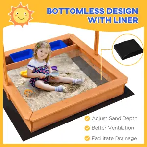 Outsunny Kids Wooden Sandbox Sand Pit Height Adjustable with Canopy Basins