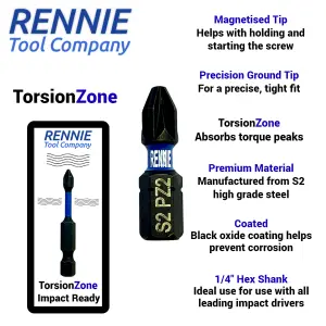 Rennie Tools 6 Piece PZ2 x 25mm Impact Screwdriver Bits Set Pozidriv (Pozi 2) With 2 x Impact Bit Holders (1x 60mm 1x 150mm Long)