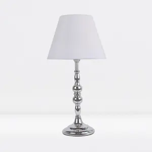 First Choice Lighting Chrome Plate Bedside Table Light with Detailed Column and White Fabric Shade