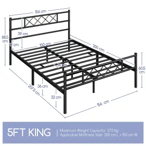 Yaheetech Black 5ft King Metal Bed Frame with Cross-design Headboard & Footboard