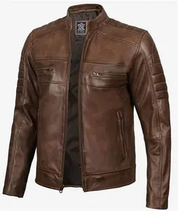 Coffee Brown Leather Jacket - Cafe Biker Leather Racer Jacket Mens