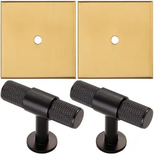 2 PACK - Cabinet Door Knob & Contrasting Backplate Set - Knurled T Bar Pull - Matt Black & Satin Brass