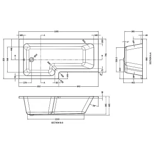 1700mm L-Shape Shower Bath - Left Hand