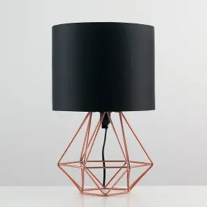 ValueLights Angus Pair of Modern Copper Metal Basket Cage Table Lamps with Black Fabric Shades