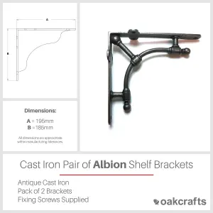 Oakcrafts - Pair of ALBION Antique Cast Iron Shelf Brackets - 195mm x 185mm