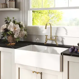 Fireclay Kitchen Bundle - Double Bowl Stepped Weir Butler Sink, Wastes & Bridge Crosshead Tap, 795mm - Brushed Brass - Balterley