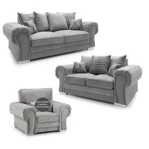 Milan Fabric 3 Piece Sofa Suite Grey Scatter Back Chesterfield Style