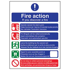 Multi Language Fire Action Safety Sign - Rigid Plastic 150x200mm (x3)