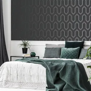 GoodHome Lisle Charcoal Metallic effect Geometric Textured Wallpaper