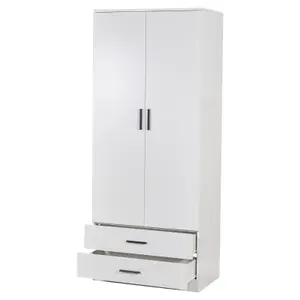 URBNLIVING 180cm Tall 2 Door Wardrobe With 2 Drawers White Carcass and White Drawers Bedroom Storage Hanging Bar Clothes