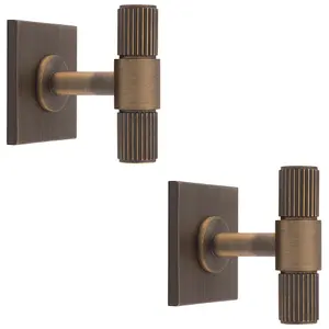 2 PACK - Reeded T Bar Cabinet Door Knob & Matching Backplate - Antique Brass 40 x 40mm