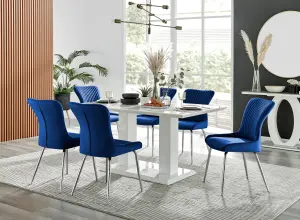 Imperia White High Gloss 6 Seater Dining Table with Structural 2 Plinth Column Legs 6 Blue Velvet Silver Leg Nora Chairs