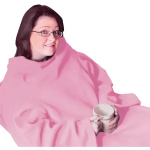 Pink Polyester Fleece Blanket with Oversized Sleeves - Machine Washable