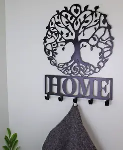 Black Metal Wall Plaque Tree of Life Featuring Hooks