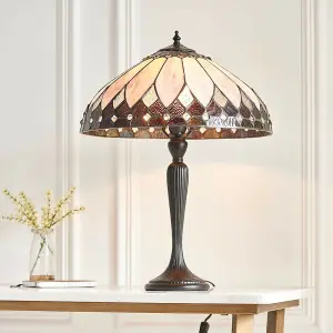 Tiffany Glass Table Lamp Light Dark Bronze & Rich Cream Art Deco Shade i00178