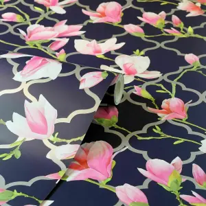 Magnolia Trellis Navy Blue Pink Floral Metallic Silver Arthouse Wallpaper 908001