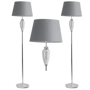 First Choice Lighting Pair of Mirrored Crackle Glass Floor Lamp with Grey Shades