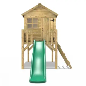 Rebo Orchard 4FT x 4FT Wooden Playhouse On 900mm Deck and 6FT Slide (Swan Dark Green)