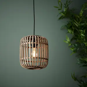 Luminosa Mathias Single Pendant Ceiling Lamp, Natural Bamboo, Plywood, Matt Black Paint