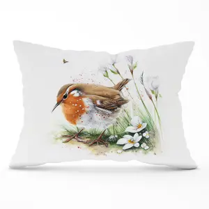 Robin And Daisies Watercolour Cushions 33cm x 48cm