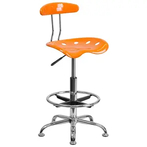 Vibrant Chrome Drafting Stool with Tractor Seat Orange