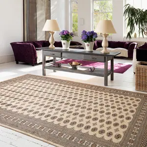 Beige Handmade Traditional Wool Bordered Floral Bedroom & Living Room Rug -180cm X 270cm