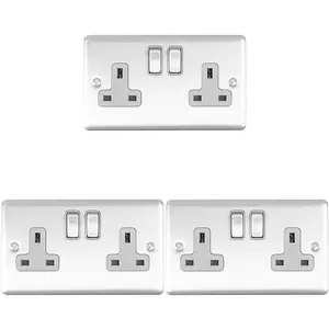 3 PACK 2 Gang Double UK Plug Socket SATIN STEEL & Grey 13A Switched Outlet