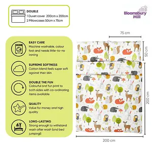 Bloomsbury Mill - Woodland Animals Kids Double Bed Duvet Cover and Pillowcases Set - Double - 200 x 200cm