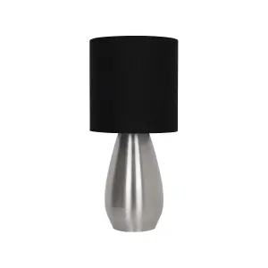 First Choice Lighting Set of 2 Bullet Satin Nickel Touch Table Lamps with Black Fabric Shades