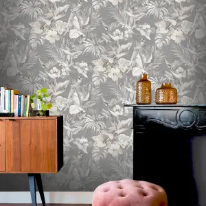 Vasari Paradise Birds Grey Wallpaper