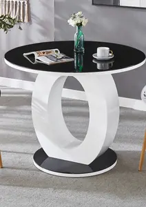 Modernique Giulia Round Black Tempered Glass Top Dining Table with White Gloss Finish