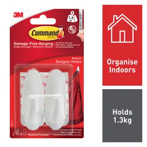 3M Command Designer Medium White Hook (Holds)1.3kg, Pack of 2