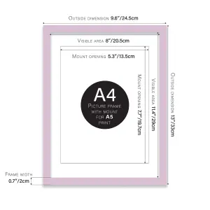 A4 Lilac Picture Frame With Mount for A5 (14.8 x 21cm - 5.8 x 8.3in) Poster, Photo, Artwork, or Print.