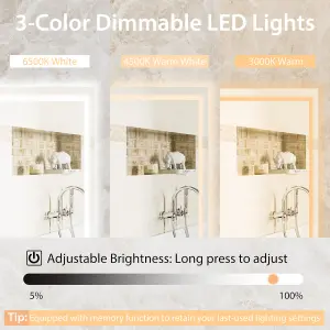 Costway 75 x 50 CM LED Bathroom Mirror Wall Mounted Rectangle Mirror wuth 3-Color Dimmable Lights