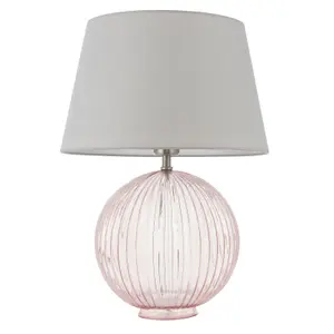 Table Lamp Dusky Pink Ribbed Glass & Pale Grey Cotton 40W E27 Bedside Light