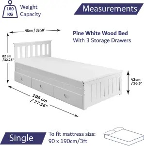 Single Wooden Bed With 3 Storage Drawers Pine White - Hybrid Mattress