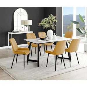 Industrial Design White & Grey Marble Effect Melamine Dining Table Set with 6 Luxury Velvet Chairs Yellow/Black