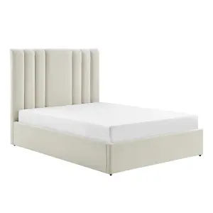 Cream Plush Velvet King Size 5FT Line Design Padded Headboard & Ottoman Storage Gas Lift Bed Frame